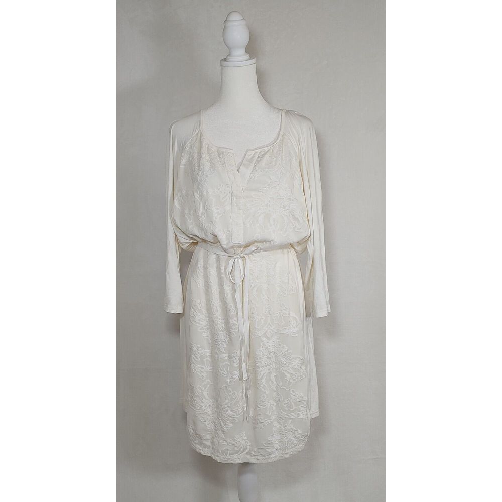 Cato Eggnog Cream Embroidered Floral Roll Tab Sleeve Belted Dress Large NWT